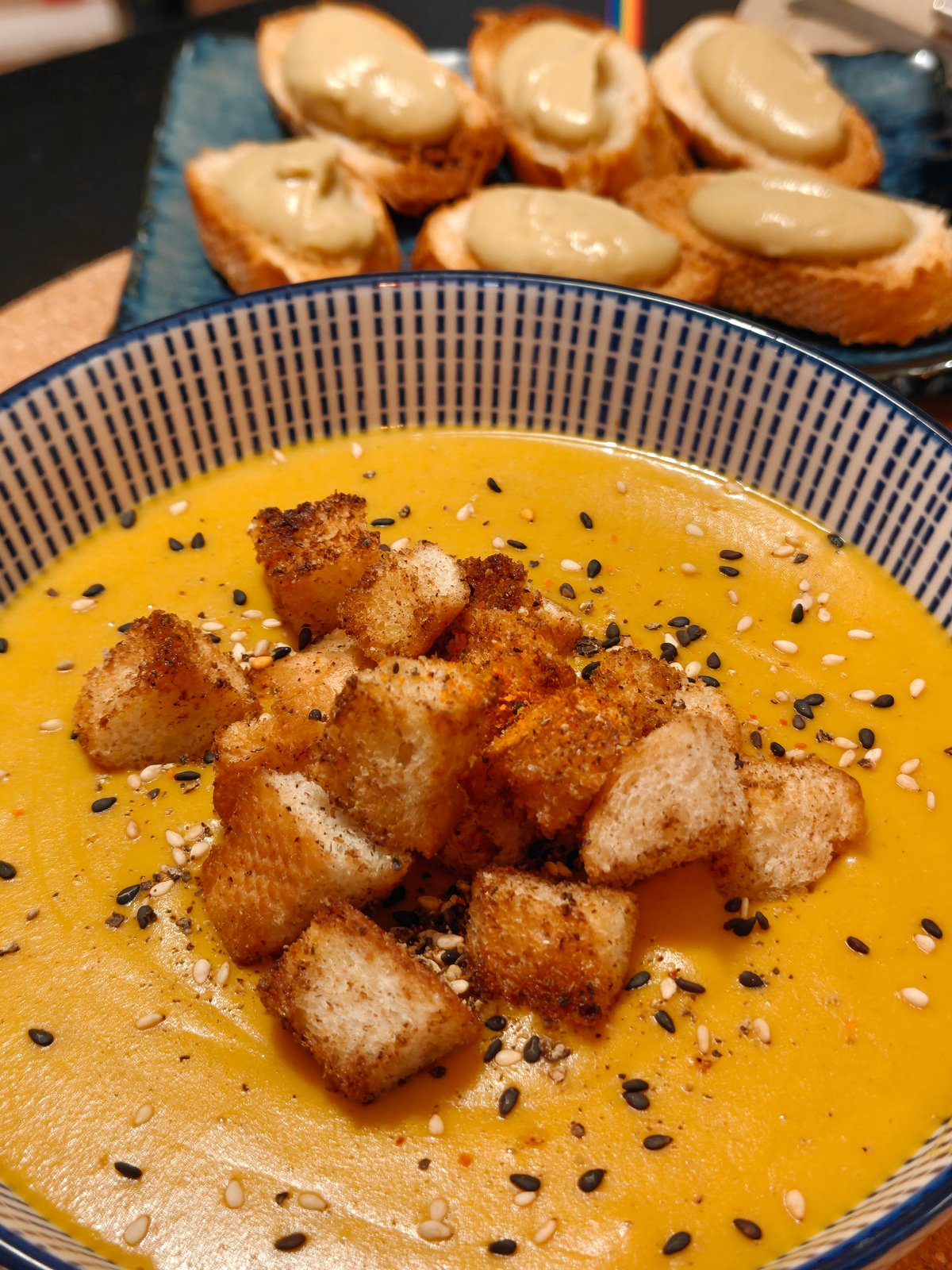 Thai Coconut & Lemongrass Sweet Potato Soup with Spiced Croutons
