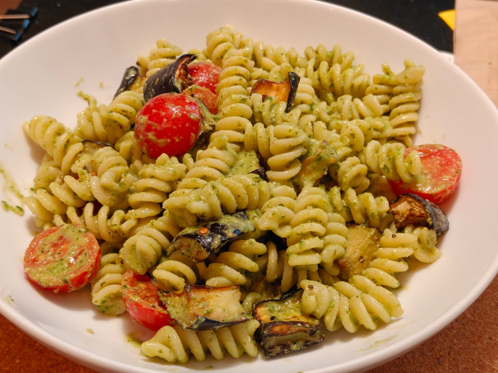 Cashew & Fresh Basil Pesto Pasta with Crispy Aubergine & Cherry Tomatoes